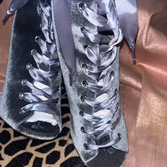 Velvet gray/silver/pewter with a Gray satin ribbon lace up high pump booty. - Picture 2 of 14